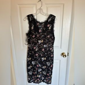 BCBG Maxazria lacy black dress with floral embroidery detail, Size 10
